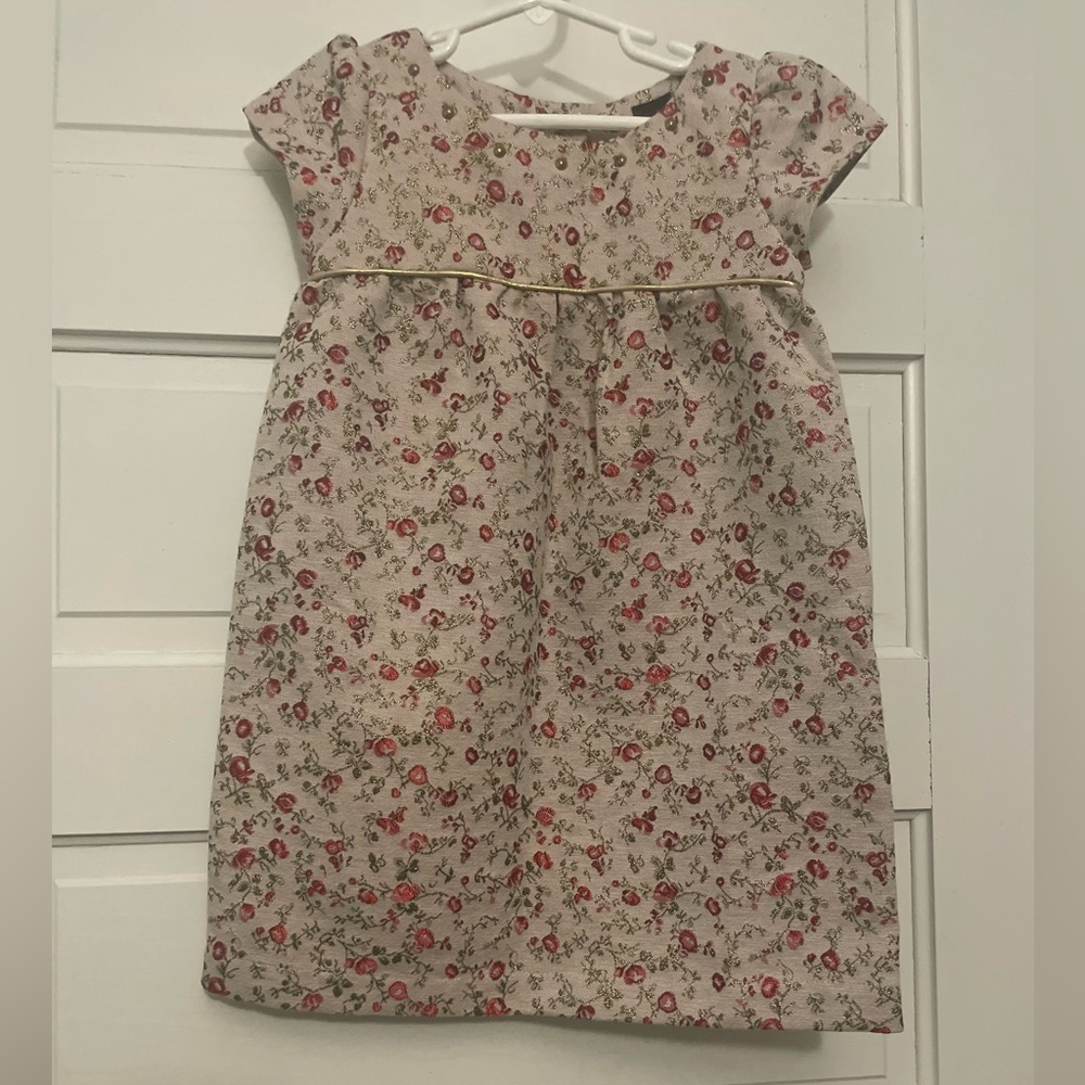 Max Girls Holiday Christmas Dress 5/6 Floral Gold Metallic print.